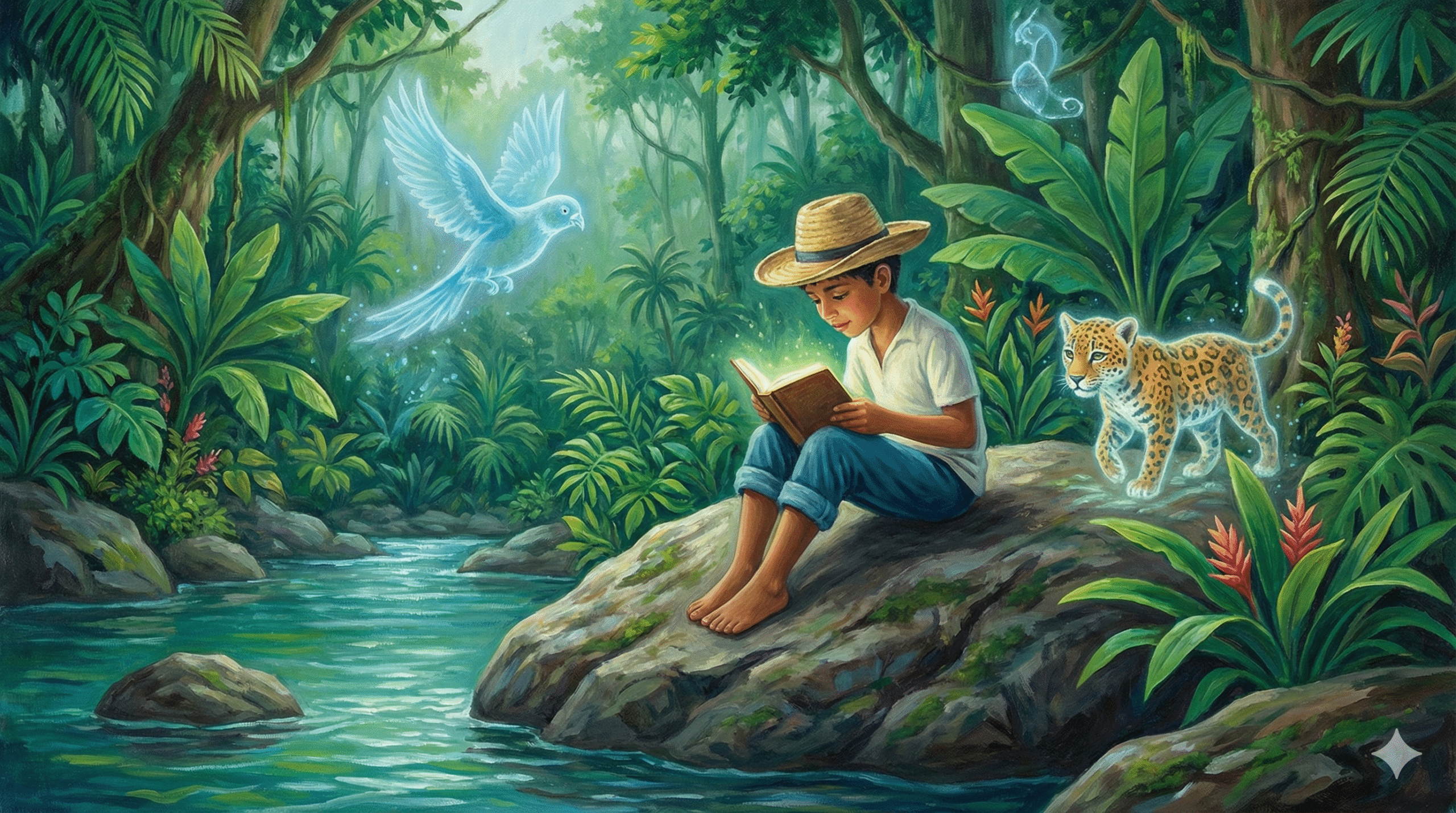 Pintura de un niño campesino colombiano leyendo un libro brillante en la selva, acompañado por un pájaro y un jaguar espirituales, representando el realismo mágico en la literatura infantil.