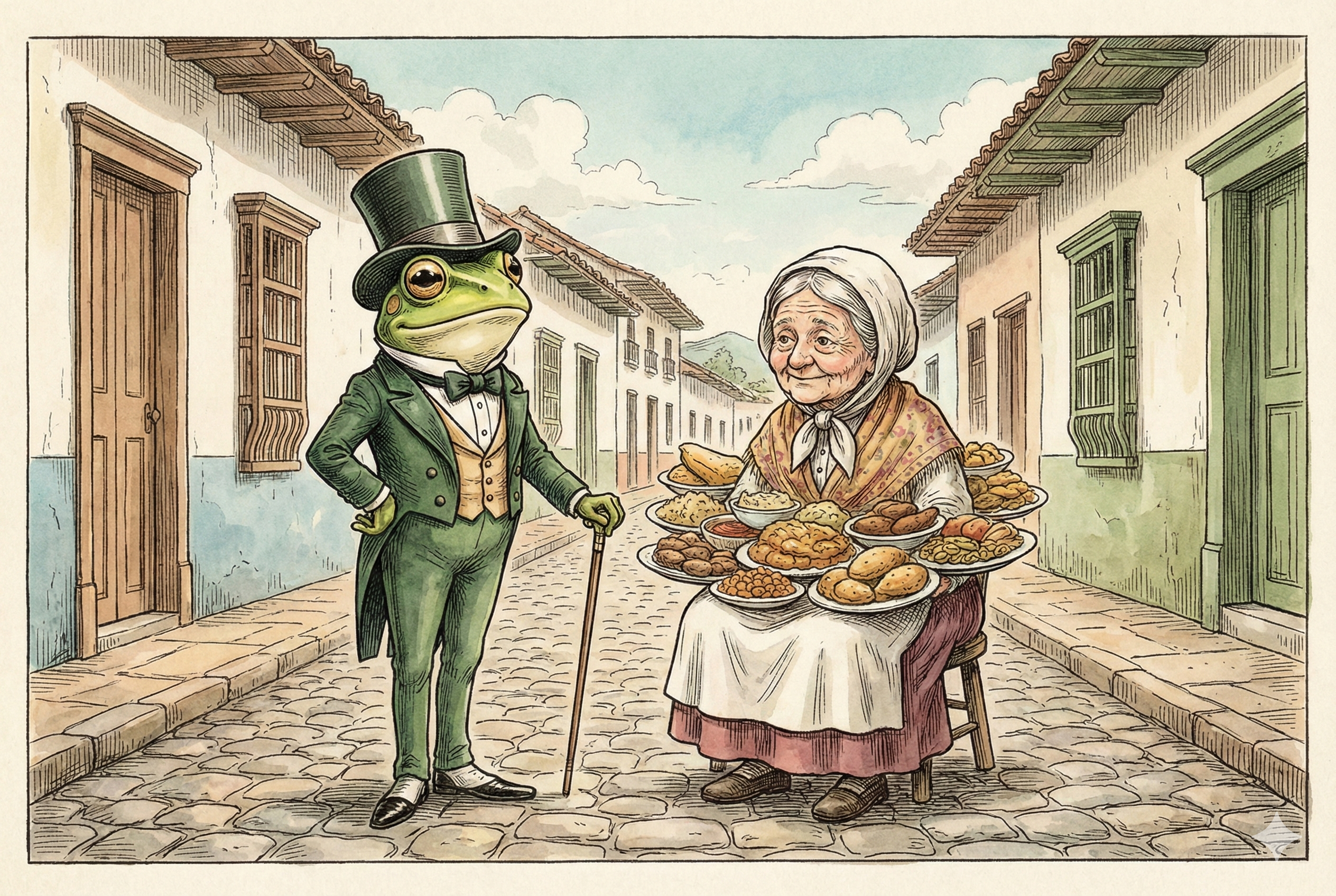 Ilustración estilo antiguo de Rin Rin Renacuajo, el sapo elegante, y La Pobre Viejecita con platos de comida, personajes de los cuentos de Rafael Pombo en una calle colonial colombiana.