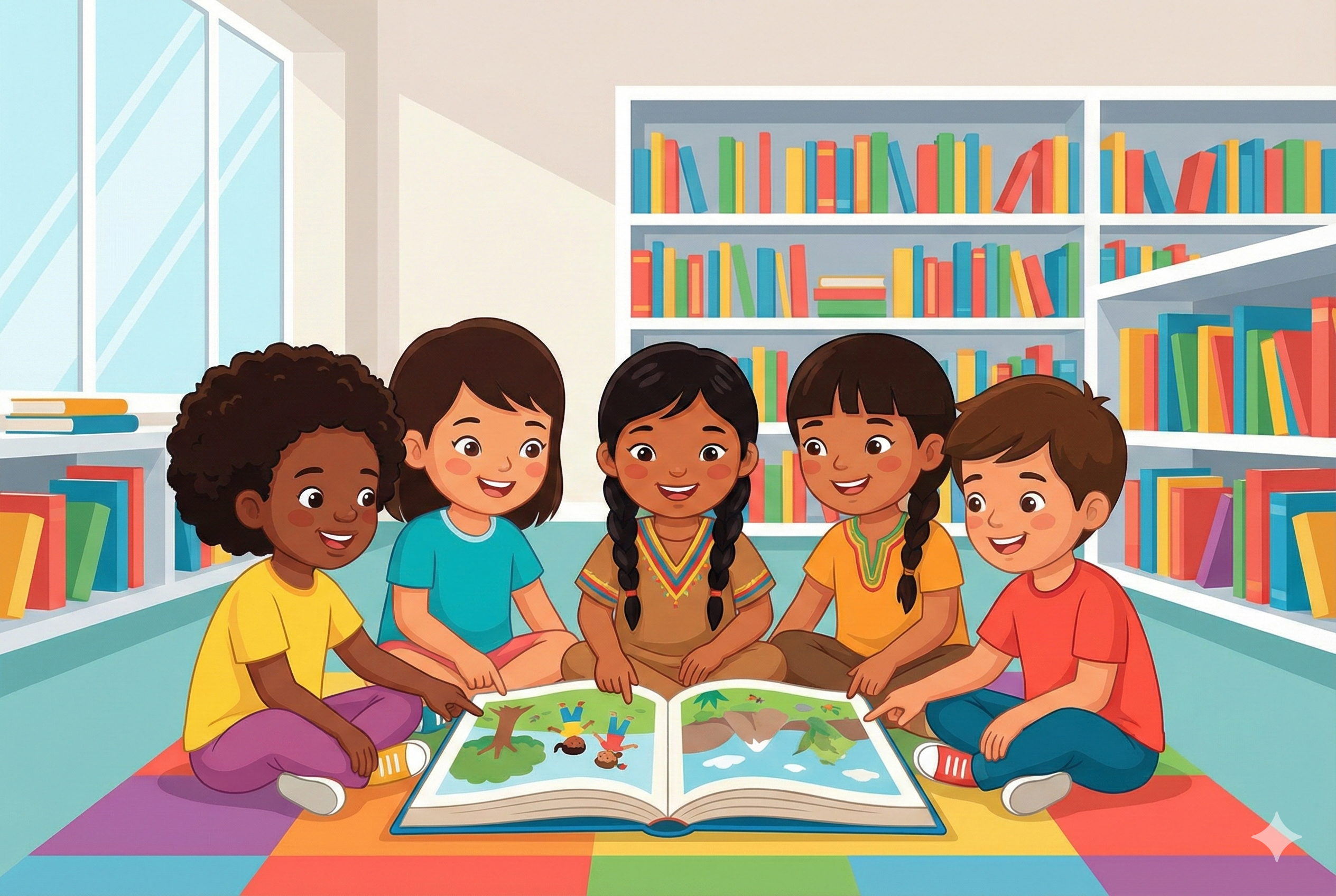 Ilustración de un grupo diverso de niños colombianos (afrodescendientes, indígenas y mestizos) leyendo juntos un libro grande en una biblioteca moderna.