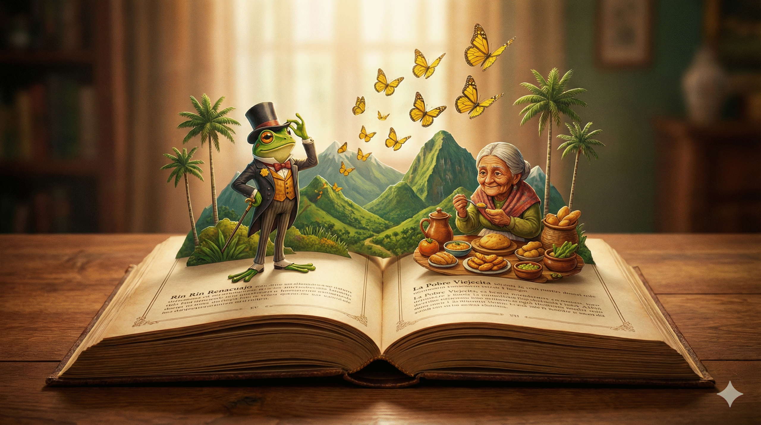Libro abierto mágico del que emergen personajes como Rin Rin Renacuajo y una anciana, con un paisaje colombiano de montañas y mariposas amarillas, representando la literatura infantil de Colombia.